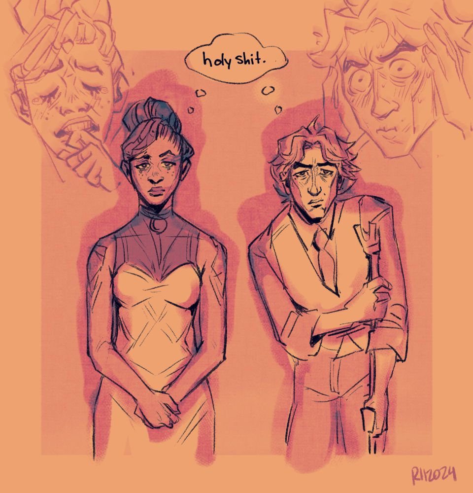 A digital sketch of Mel and Viktor reacting to shirtless sweaty Jayce - they watch with straight faces but are both thinking "holy shit." with Mel's internal self biting her knuckle and crying while Viktor's internal self touches his head and looks like he's holding in a scream.