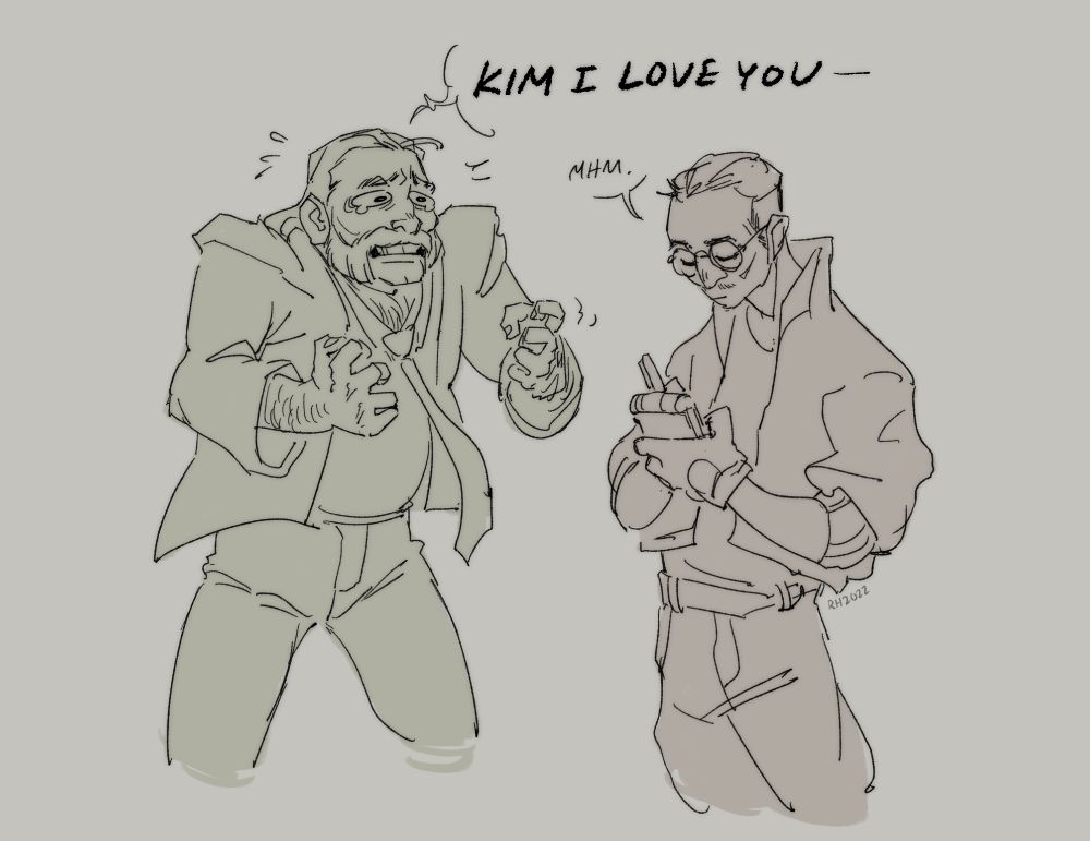 A digital sketch of Harry desperately saying "KIM I LOVE YOU" to an impassive Kim who is replying "mhm." as he continues to write in his notebook.