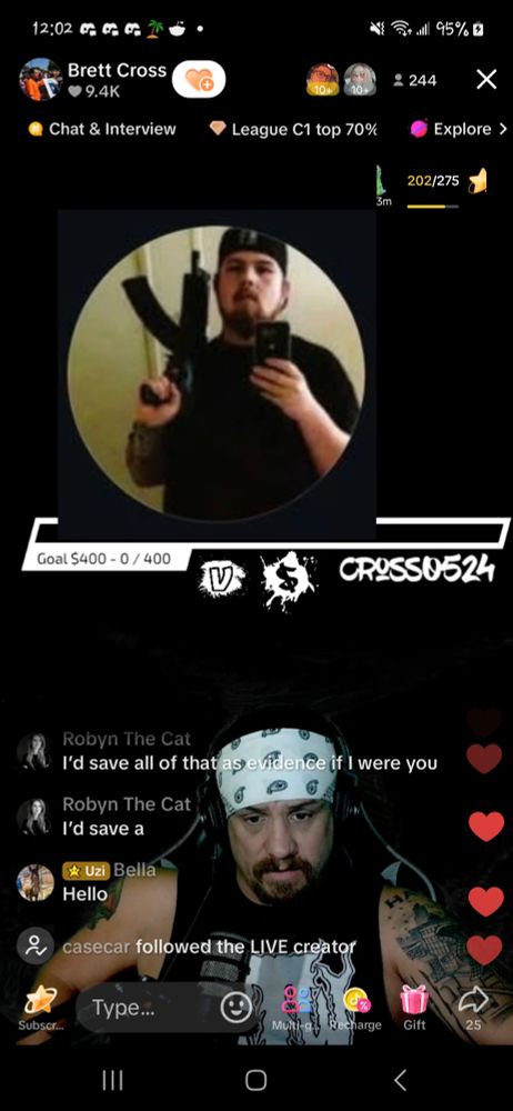 Screenshot from a live on tiktok hosted by Brett cross; image captured is of Brett on the lowet half of the screen, and a Screencap of a profile photo taken from a now-deactivated Instagram account from a young white man who threatened to shoot up Uvalde High School. 