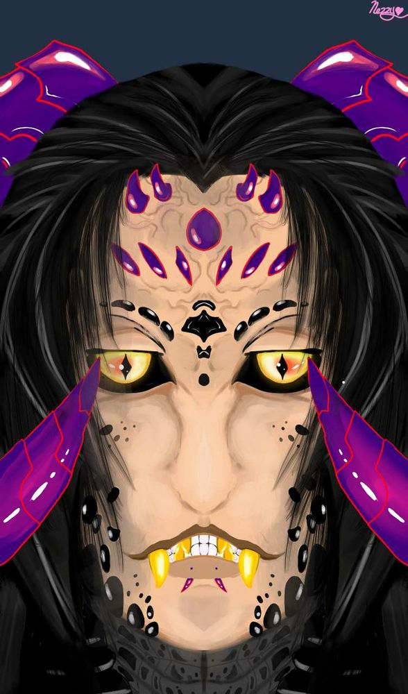 Painted portrait of an OC. Man with long black hair, purple horns, and black scales. Has golden fangs and eyes.