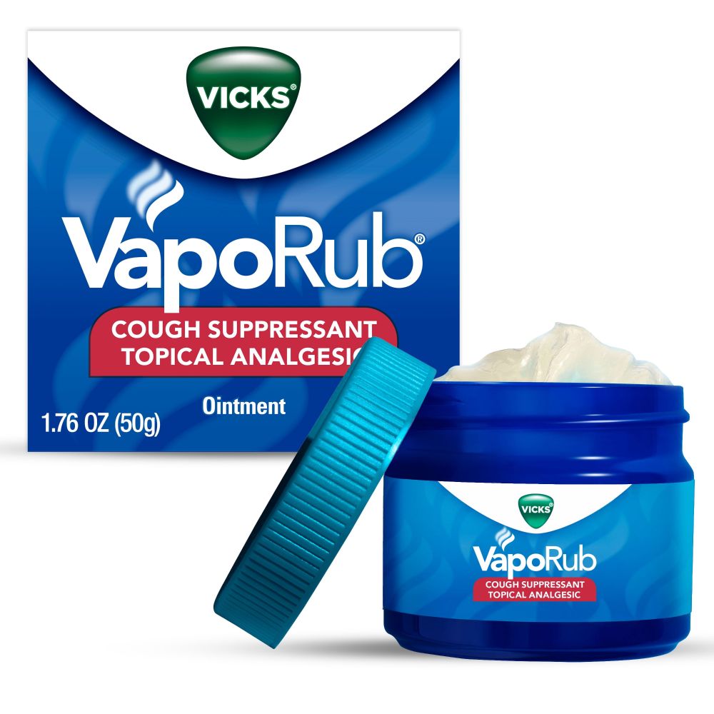 An image featuring Vicks topical cream. The jar is blue with vaporub on the bottle