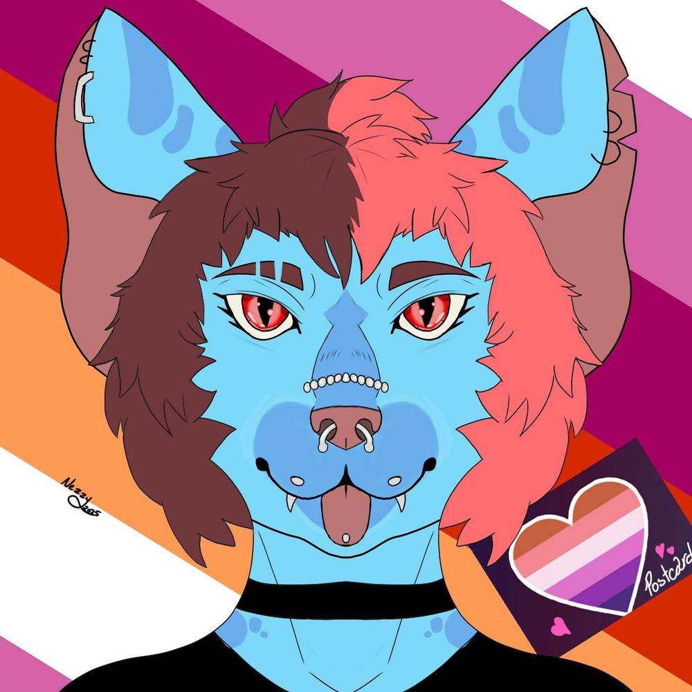 Blue cat with two tone hair, left side brown, and right side orange
 Has red eyes, and several face and ear piercings. 