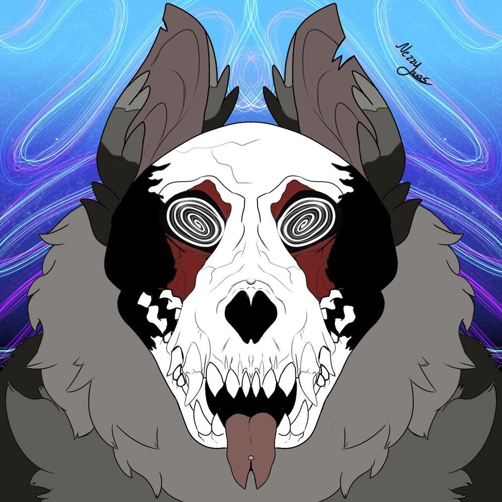 Skull dog with red markings around eyes. Eyes are swirly. Neck fur is gray, body is black.