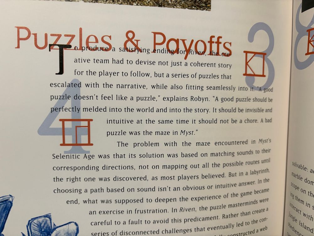 Part of a page of “From Myst to Riven,” with the heading “Puzzles & Payoffs.”
