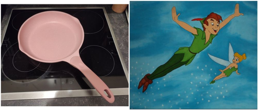 Zwei Bilder nebeneinander;
Links ist eine (rosa) Bratpfanne auf einem Ceran-Kochfeld zu sehen.
Rechts fliegt Peter Pan (zusammen mit Tinkerbell) durch einen blauen Himmel