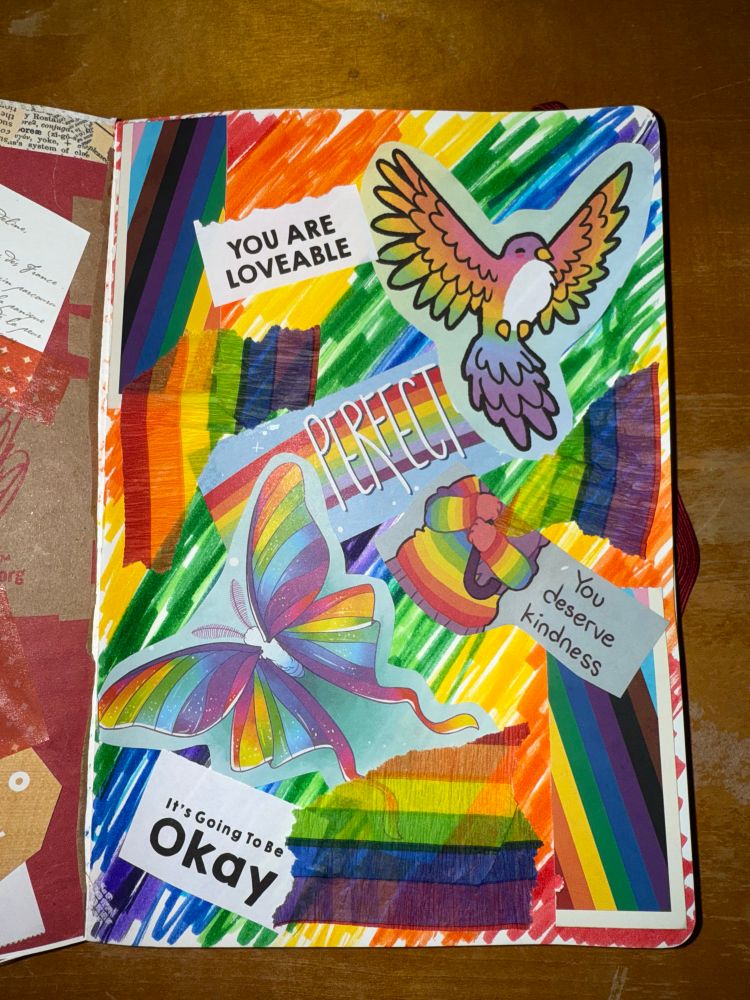 A collage of rainbow marker, animals with rainbow coloring, and hopeful messages 