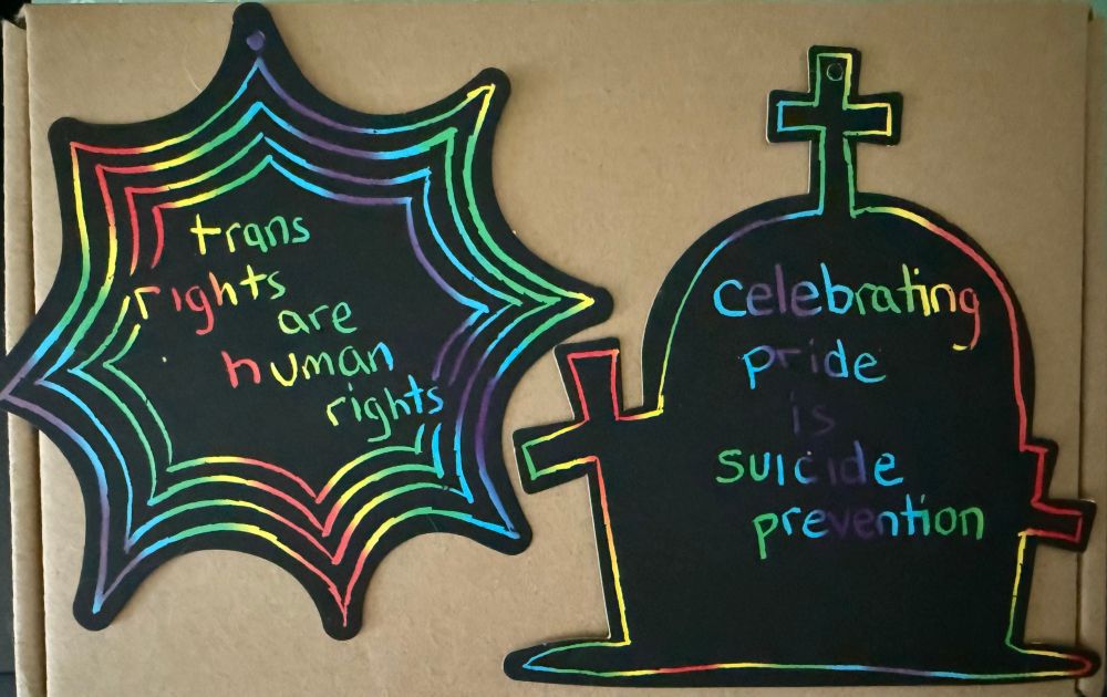 Pride art that says “trans rights are human rights” and “celebrating pride is suicide protection” 