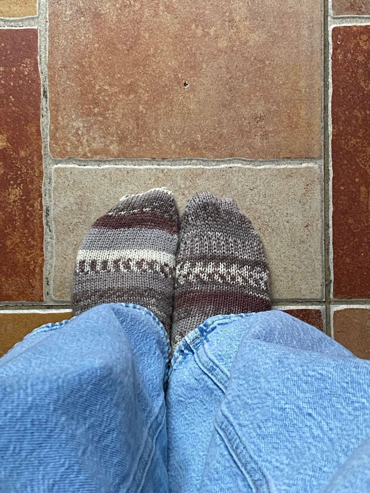 A pair of brown striped handknit socks