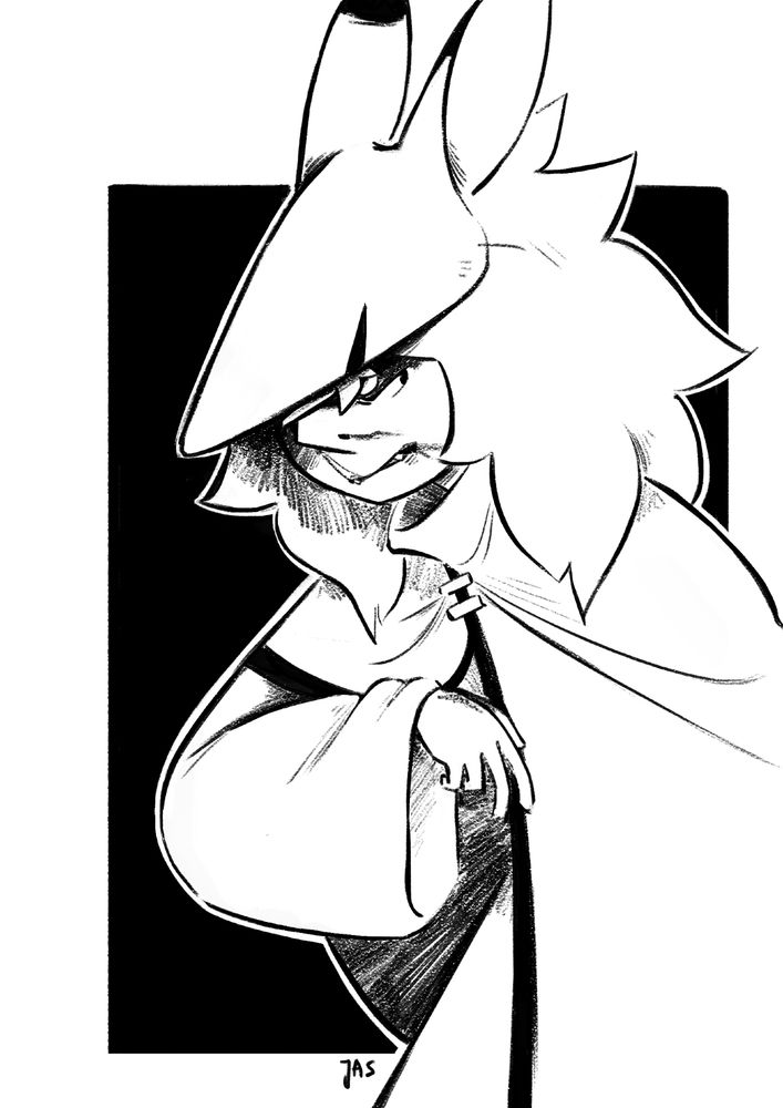 A black and white illustration of a girl wearing a cape and an angular mask, resembling a coyote head, on top of her head. There's a smear below her nose and in the corner of her mouth. Her hand's raised halfway as if she just wiped away the blood from her face. The girl looks pissed.