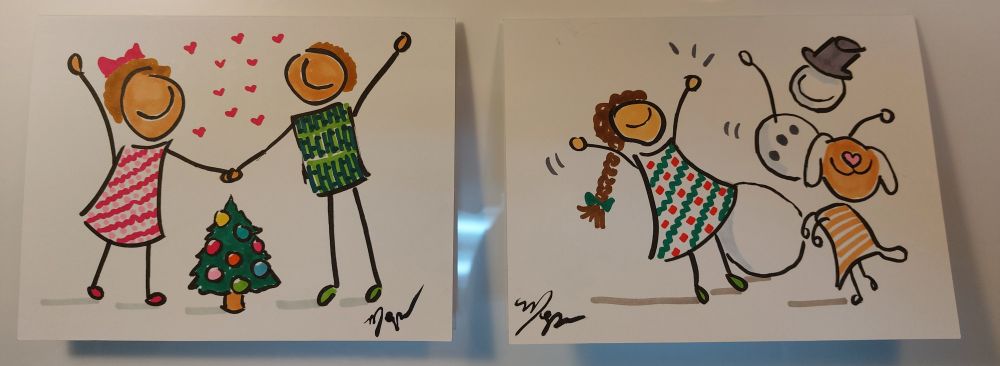 Original cards by 1meps, featuring Happy Spot people with Christmas trees, snowmen, and dogs