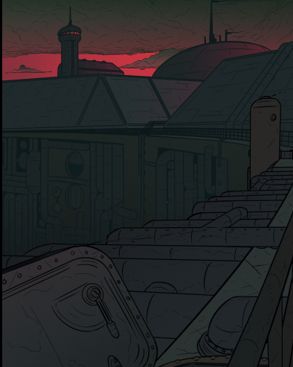 A pit of pipes wrapped around the interior of a huge concrete cylinder structure under a gloomy red sky