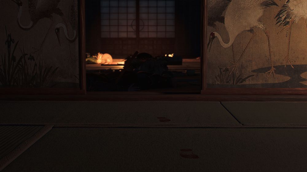 Assassin's Creed Shadows screenshot. In the background a room littered with dead samurai while in the foreground two bloody footsteps leave the scene across the floor of the adjacent room.