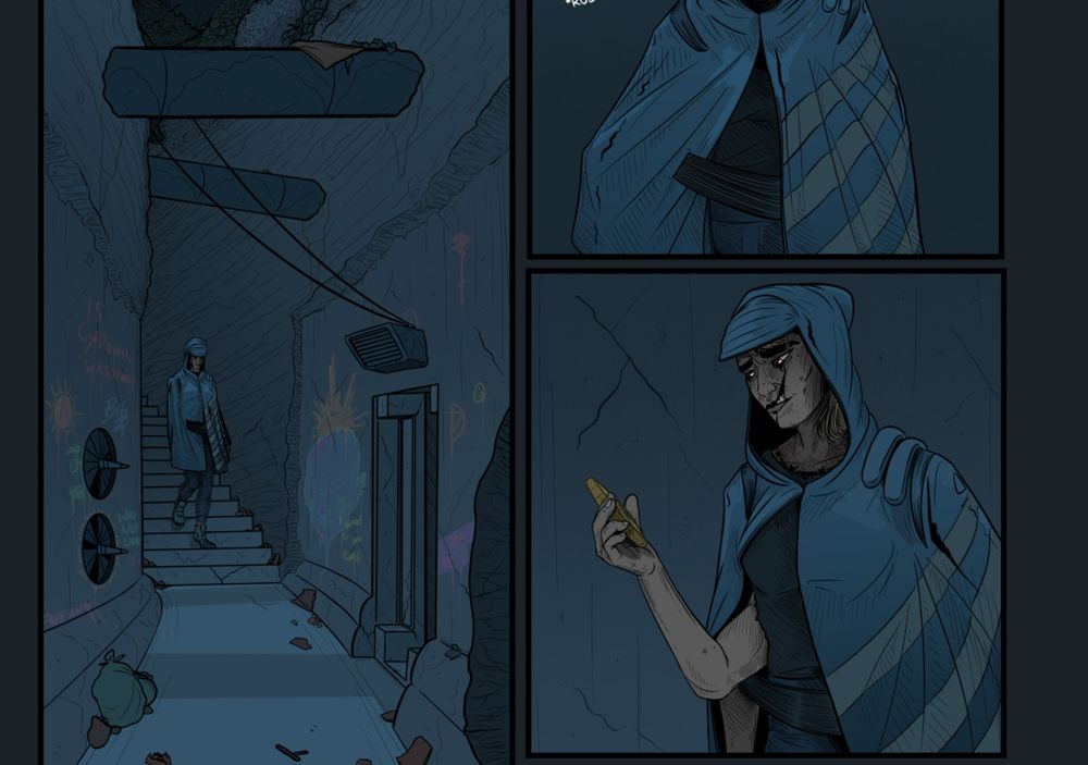 A preview of some comic panels, cropped to include a portion of a vertical panel on the left side which depicts a mysterious person in a poncho coming down the steps of a trench and alleyway carved out of rock, covered in graffiti and with pipes criss crossing above.

On the right is a snippet of a panel of this person rustling under their poncho and the second panel show them looking up some small orange case with a relieved smile, held in the hand of a previously concealed third arm.