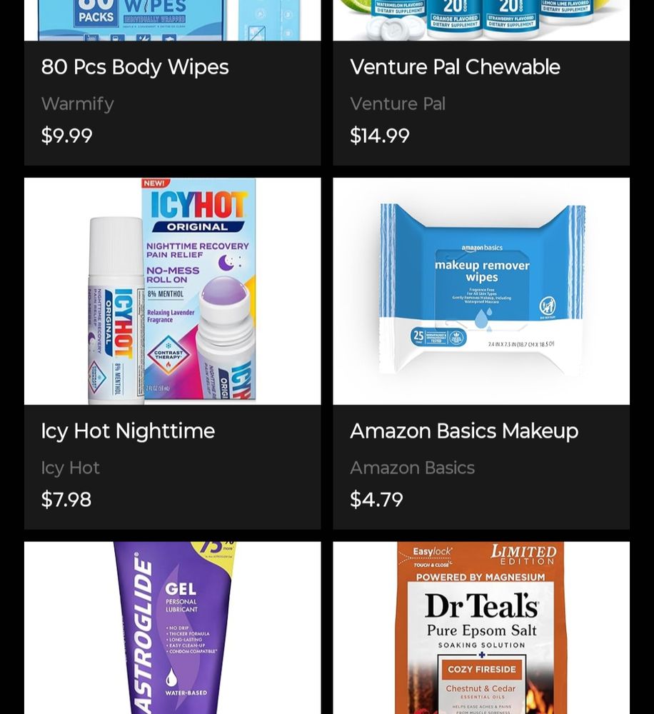 Screencap of a throne wishlist showing shower wipes, electrolyte tablets, icy hot, makeup wipes, astroglide lube, & epsom salts