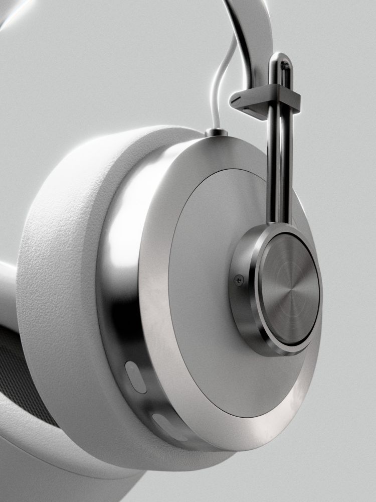 a close-up shot of the right ear cup of a 3D render of metal headphones with white elements