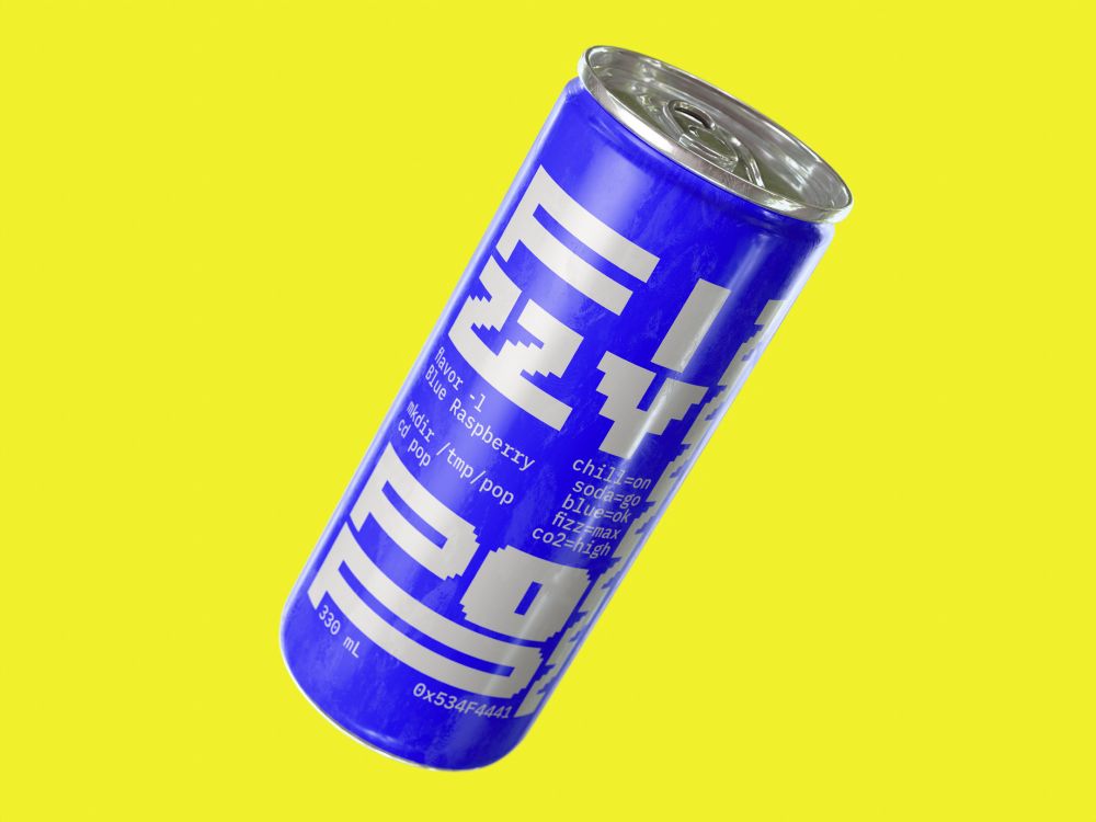 A 3D render of the soda can with a "Blue Screen of Death" style design on a bright yellow background.
