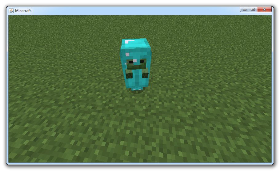 A minecraft baby zombie covered incorrectly in diamond armour, you can only see the hands and a part of the face sticking out