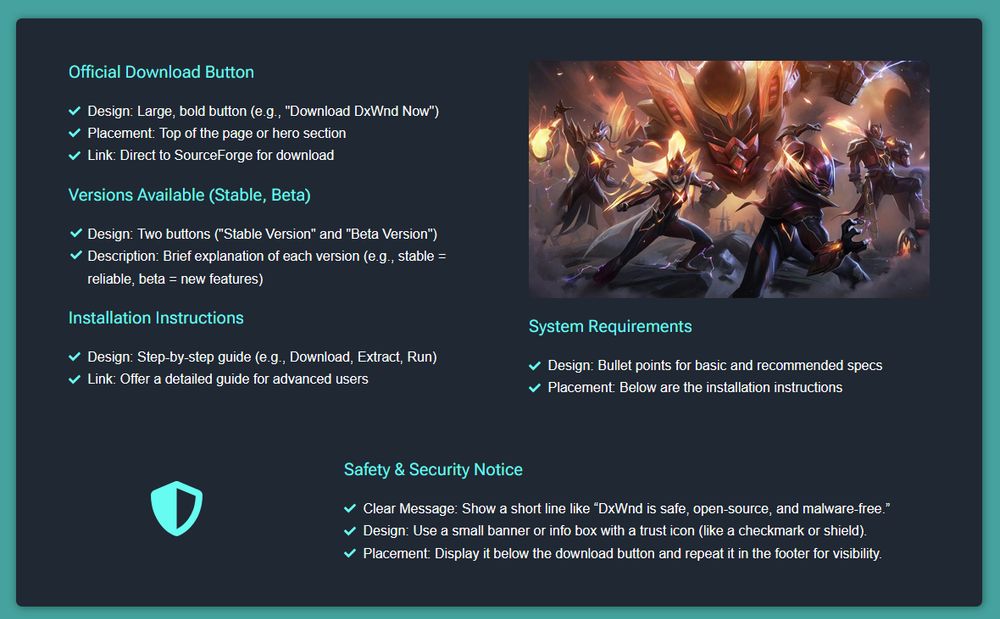 A screenshot of a section of a website, where the text is describing what the text itself should say. For example, 'Clear Message: Show a short line like “DxWnd is safe, open-source, and malware-free.”' instead of the actual example text.