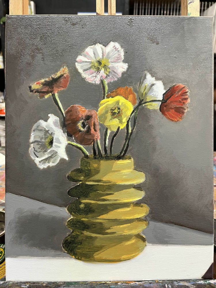 An oil painting of flowers in a cylindrical vase.