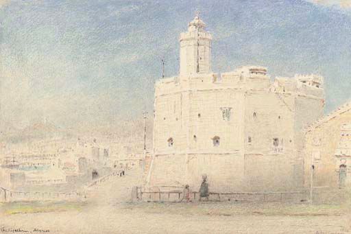 A white tower rises from a white stone building. Two figures, perhaps a woman and a child, are walking past. Other white buildings are in the background. The sky is a clear blue. The color scheme suggests the intense sunlight, to the extent that the buildings are almost washed out. 