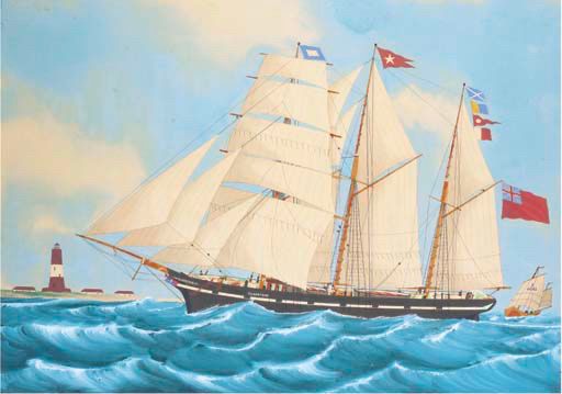 A three-masted schooner flying a number if flags, notably the red ensign, a flag with a red field and a Union Jack in the upper left canton, sails right to left through a choppy sea under a blue sky with patchy clouds. A lighthouse painted with one white and two red horizontal bands stands in the background in the lower left corner. 