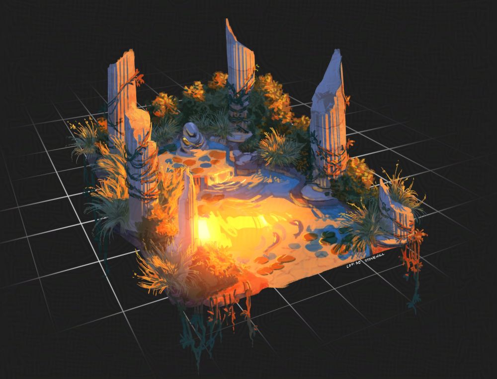 Isometric design of ruins made up of broken down greek columns grass and vines, surrounding a small lake with a goddess statue holding a golden fish.
Golden hour dawn sunlight reflects in the water