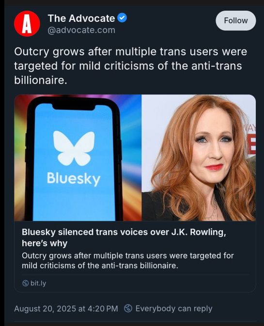 Screenshot of the Advocate article headline showing an image of bluesky's logo and JKR, with the title 