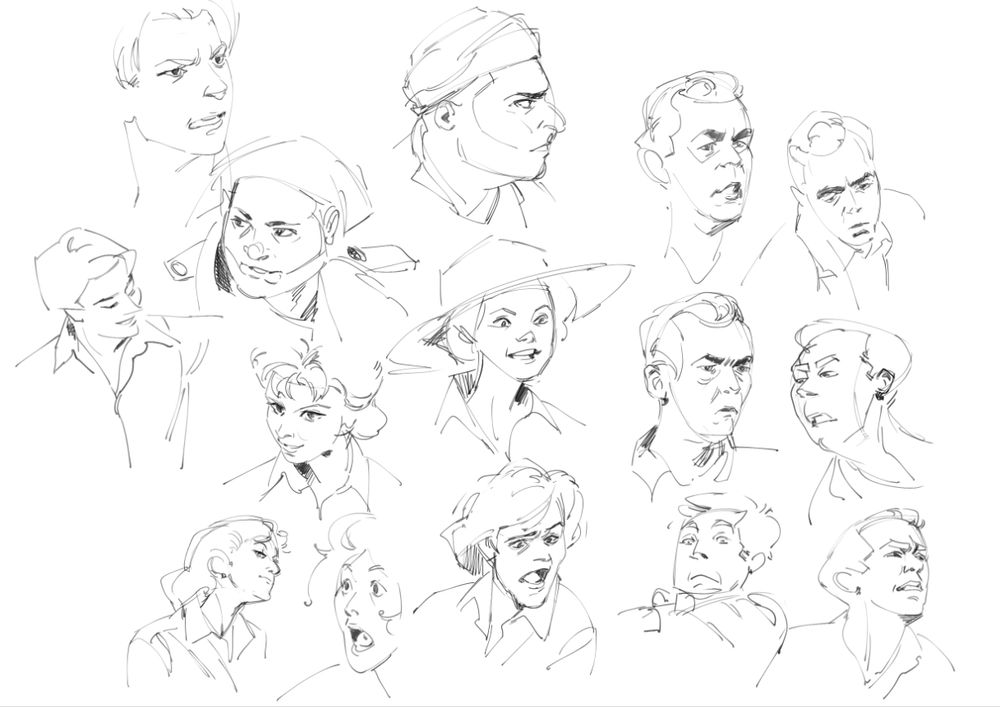 Line sketches of different characters from the Mummy making exaggerated expressions