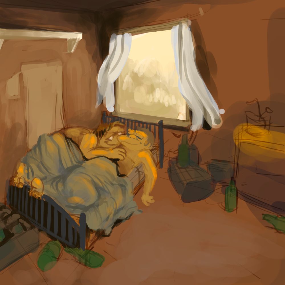 Moody digital painting of Barney and Moe from the Simpsons in bed together with the window open.