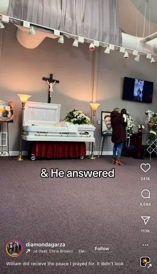 Text now reads "And he answered" and the picture is of the husband's casket at his funeral.