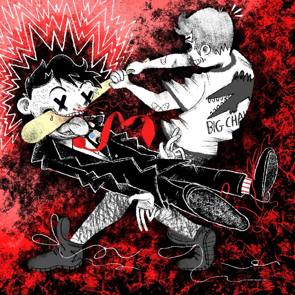 Person wearing a “Big Challenges” Sanrio mascot shirt swinging a baseball bat into unnamed political figure’s mouth to send them flying backwards