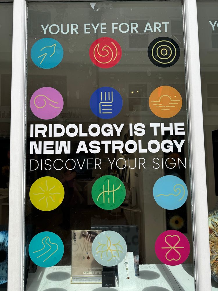A shop showcasing services in “iridology”, claims that the colour and shape of your iris determine your sign and fate, similar to astrology 