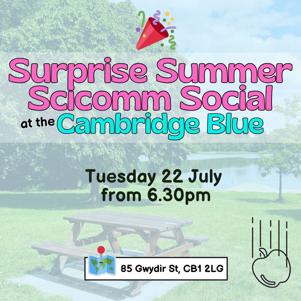 A sign advertising the next edition of the Cambridge Science Communication Social, with the title text and information about the date and venue overlaid on a picture of a park and a lake. 