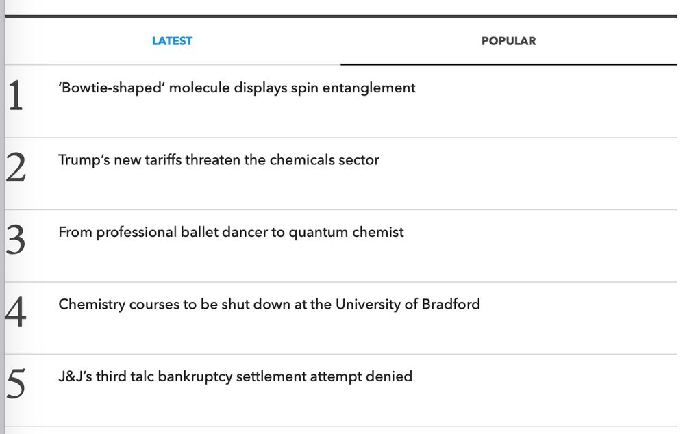 A table displaying the top most read stories in popular science magazine Chemistry World
