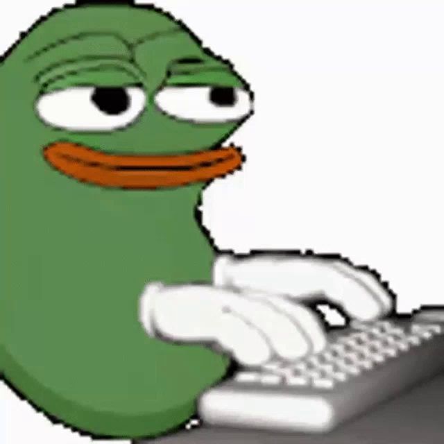 a cartoon frog is typing on a keyboard with his hands .