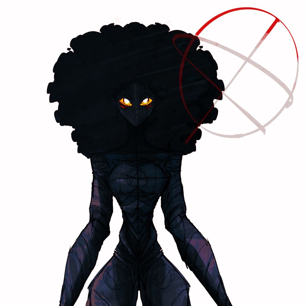 Wide-shot showing her torso & chest , a less apparent glow from her eyes but it is mostly a sketch. 