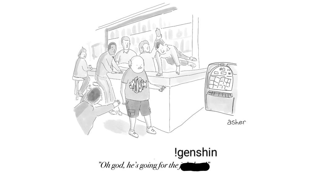 it's the oh god he's going for the jukebox meme but for the !genshin command from the halfmoonjoe twitch channel instead