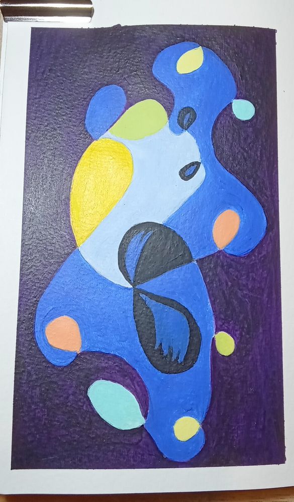 Acryl auf Papier, abstraktes blaues rennendes Männchen 

Die form entsteht durch Zufall und manchmal entwickelt sich etwas figürliches. Und ich liebe dieses Männchen, leider habe ich es im skizzenbuch gemalt, sonst würde ich es einrahmen und an die Wand hängen 