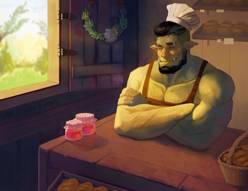 A green-skinned orc in a baker's hat sits at counter, arms crossed, a wistful smile on his face. Warm daylight filters through the open window. On shelves behind him, in front of him, and to his side are various loaves of baked bread. 