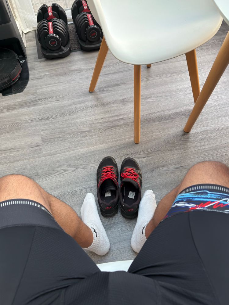 Cycling shoes, Adidas socks and the lower half of cycling bib shorts