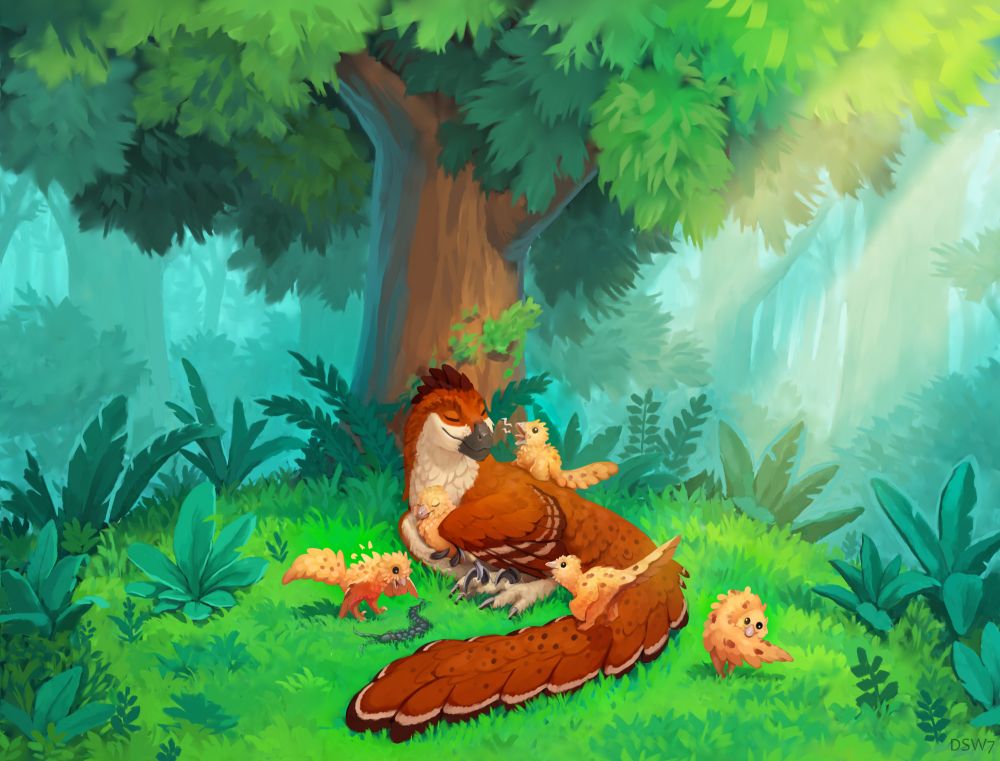 Father and chicks in the woods