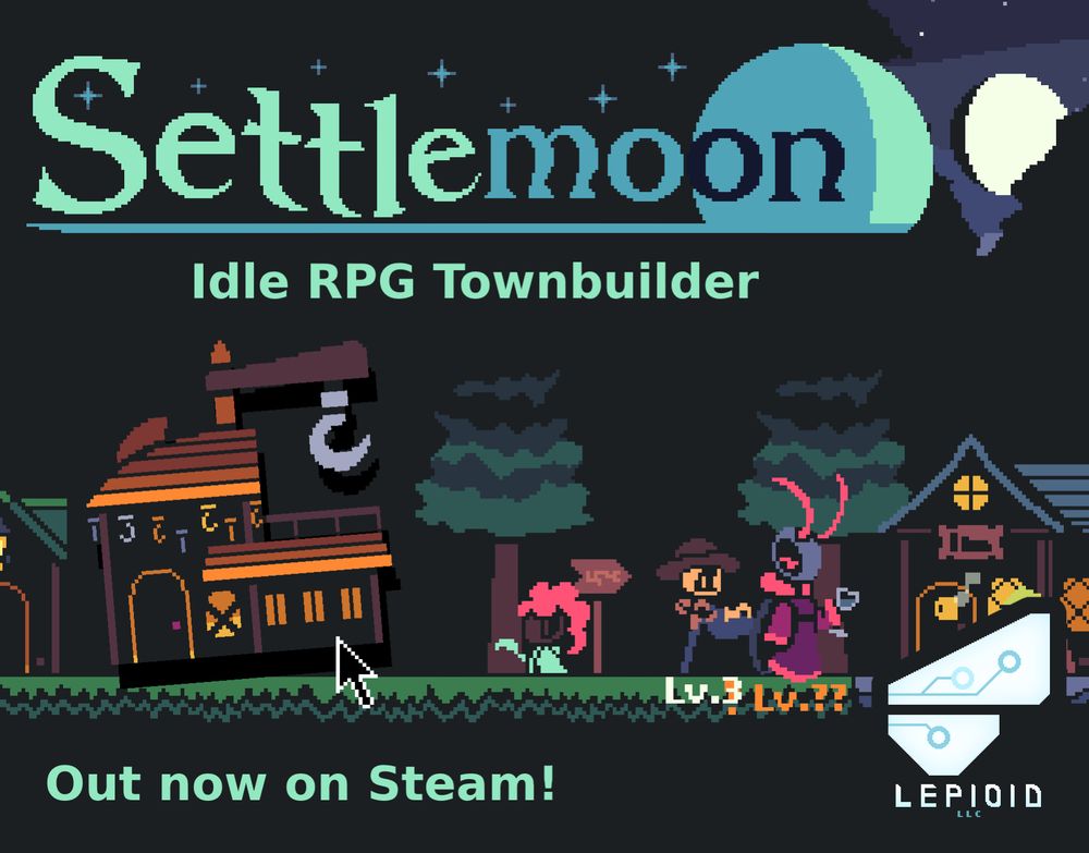 A pixel art town, viewed from the side. On the left, a building is being moved by a giant cursor. On the right, some multicolored characters are walking around, including a neon-pink roach.