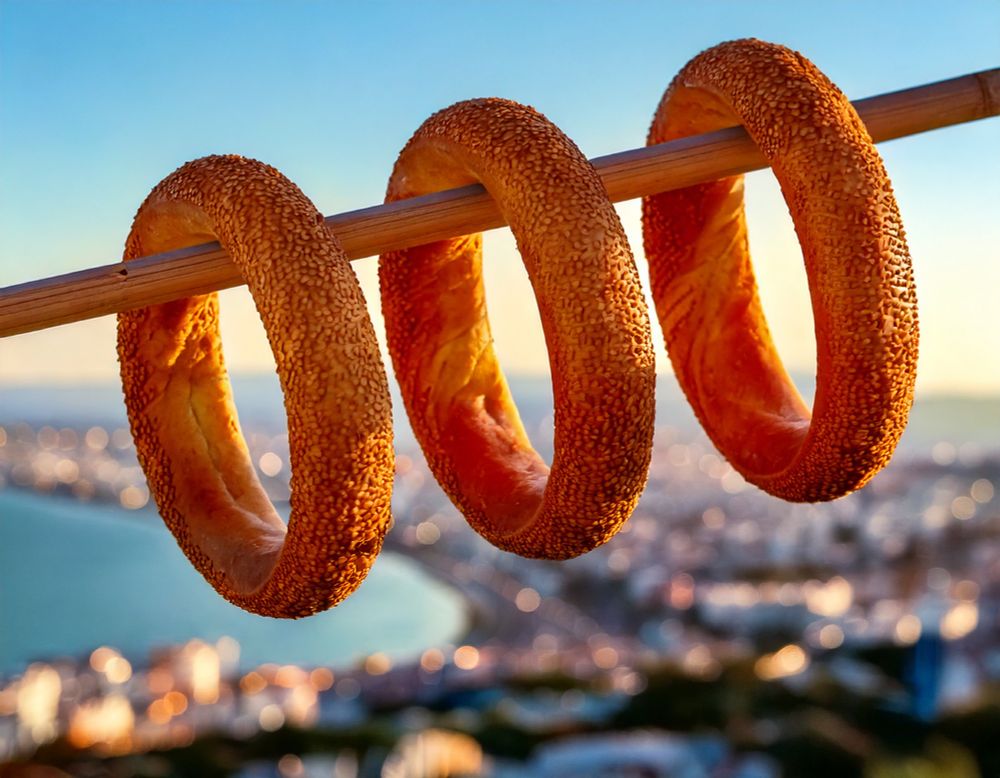A close-up of three golden-brown sesame-covered koulouri (a traditional Greek bread ring) hanging on a wooden rod. The background shows an out-of-focus scenic city view near a body of water under a bright blue sky.