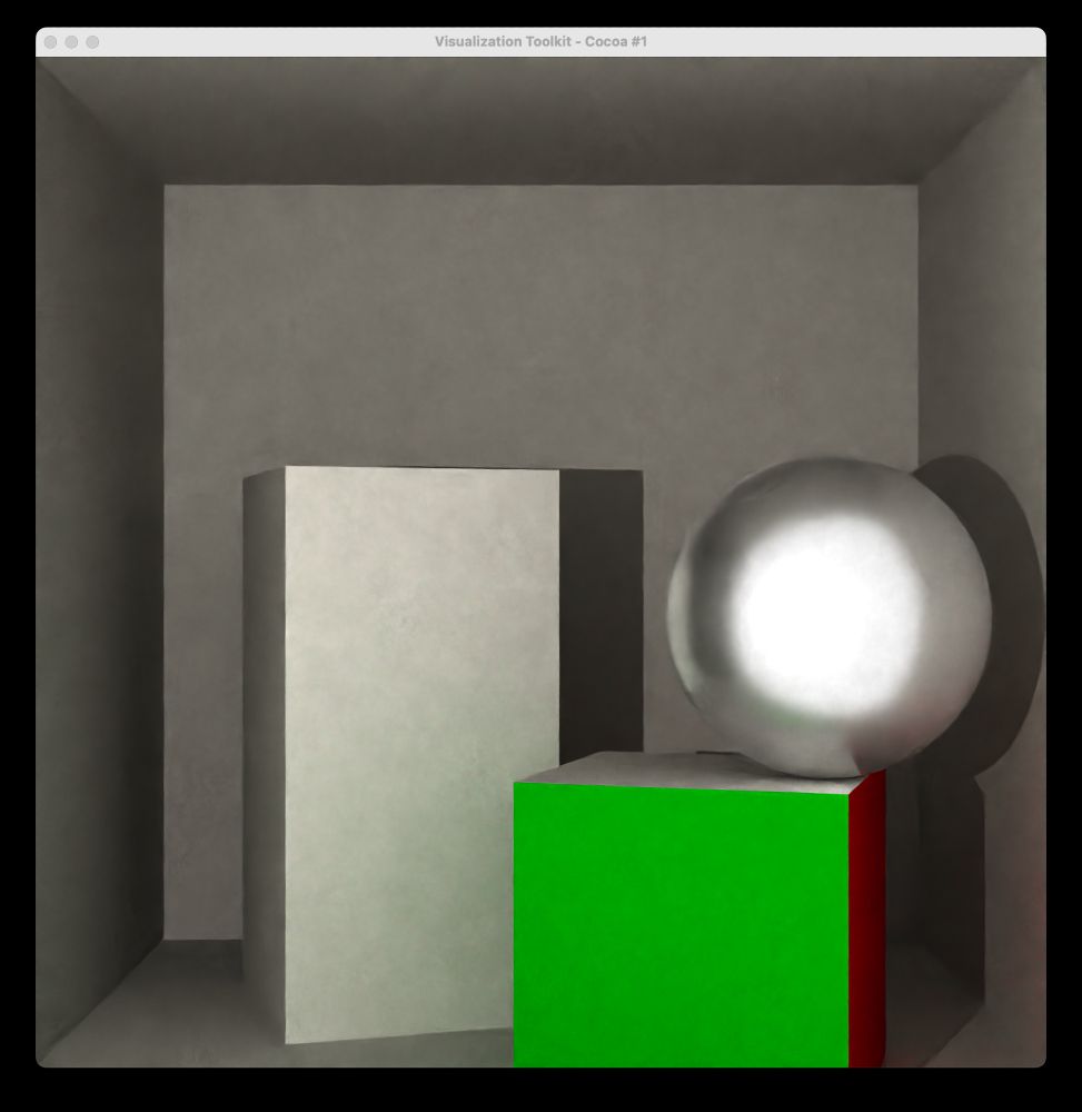 A rendered 3D scene featuring a simple room with gray walls, a large rectangular white block on the left, a smaller green cube with a red side in the foreground, and a reflective metallic sphere resting on top of the cube. The lighting creates soft shadows and highlights, emphasizing the materials and shapes in the scene.