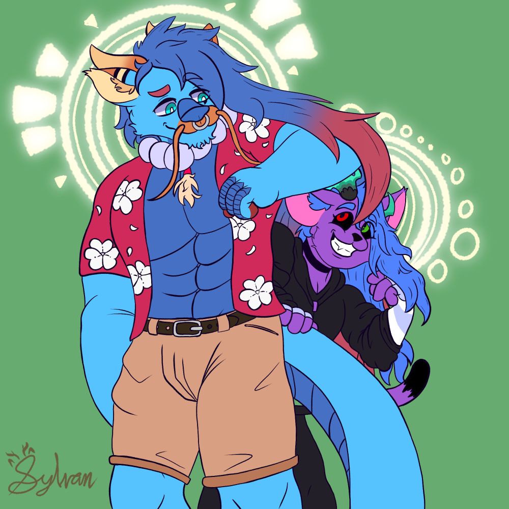 blue dragon wearing cargo shorts and Hawai'ian shirt
he is hiding a dragon cat, or dracat, under his long hair.
dracat is wearing a dark hoodie and fingerless sleeve-gloves
both are smiling, dracat with teeth showing, dragon with mouth shut