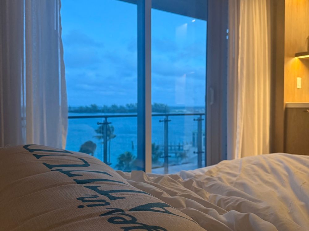 view of ocean from hotel bed 