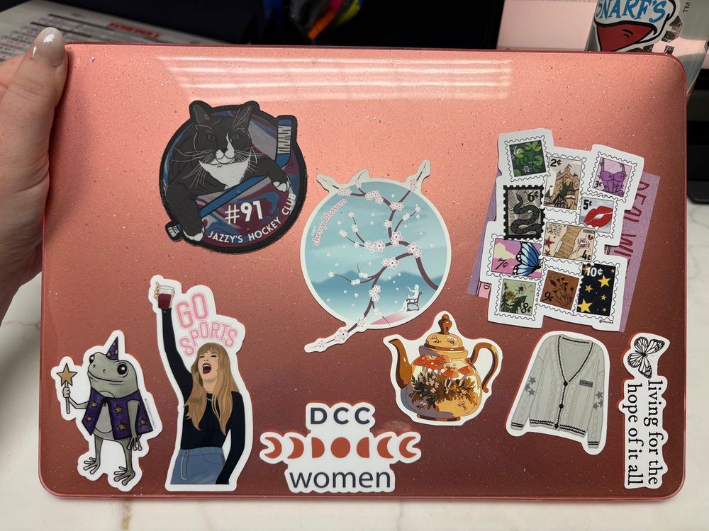 Photo of my laptop in a sparkly pink plastic case. From left to right there are the following stickers: a frog in a purple wizard cape and hat holding a wand, Taylor cheering holding up a vodka cran with pink text GO SPORTS, a black cat holding a hockey stick with #91 and Jazzy’s Hockey Club below her, a cherry blossom tree branch from Ziggi’s coffee, an orange minimalistic moon phase pattern with the text DCC (our church) WOMEN, an orange mushroom and floral design teapot, a collection of 10 stamps each designed to emulate one of Taylor’s first ten albums, the folklore cardigan, a butterfly with “living for the hope of it all”