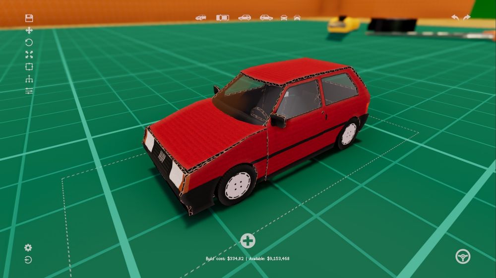 A red car made out of cardboard sits on top of a green cutting mat. A cutter, duct tape and scissors are visible in the background. Some UI buttons are placed around the edges of the screen.
