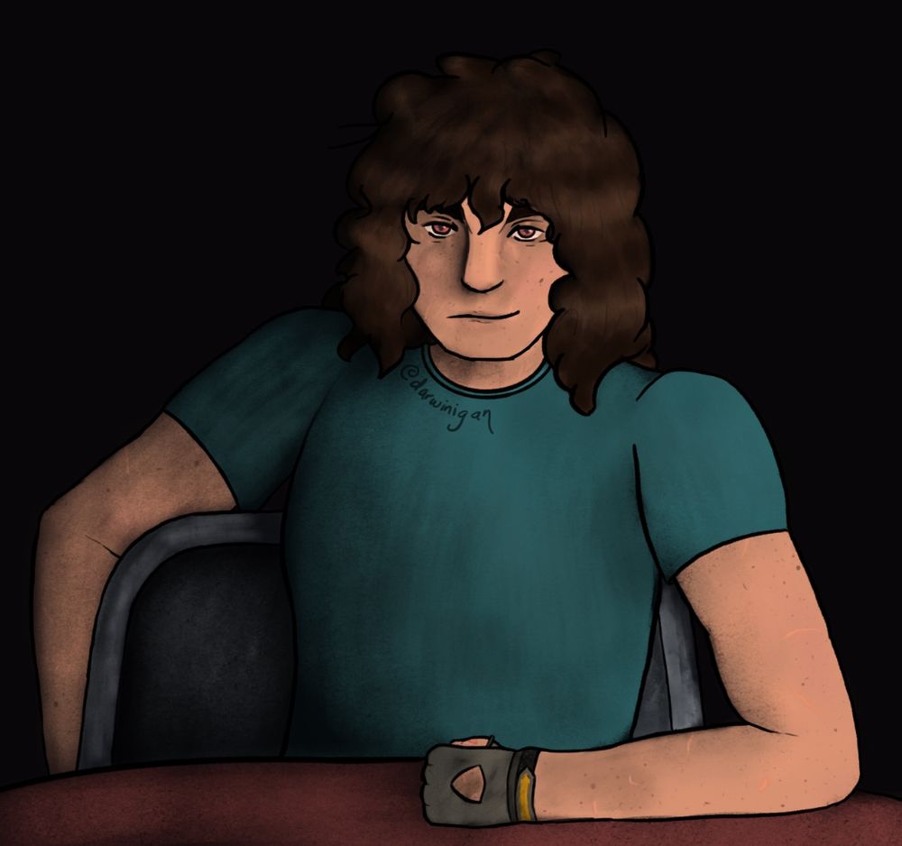 Elisa, a human witch, stares directly towards the viewer while leaning back in her chair. The room is dark, but there's a bright light shining on her off to the side.