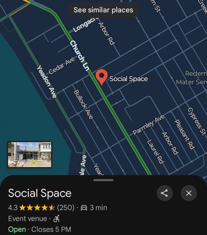 Picture of Google Maps, showing an event venue literally called social Space